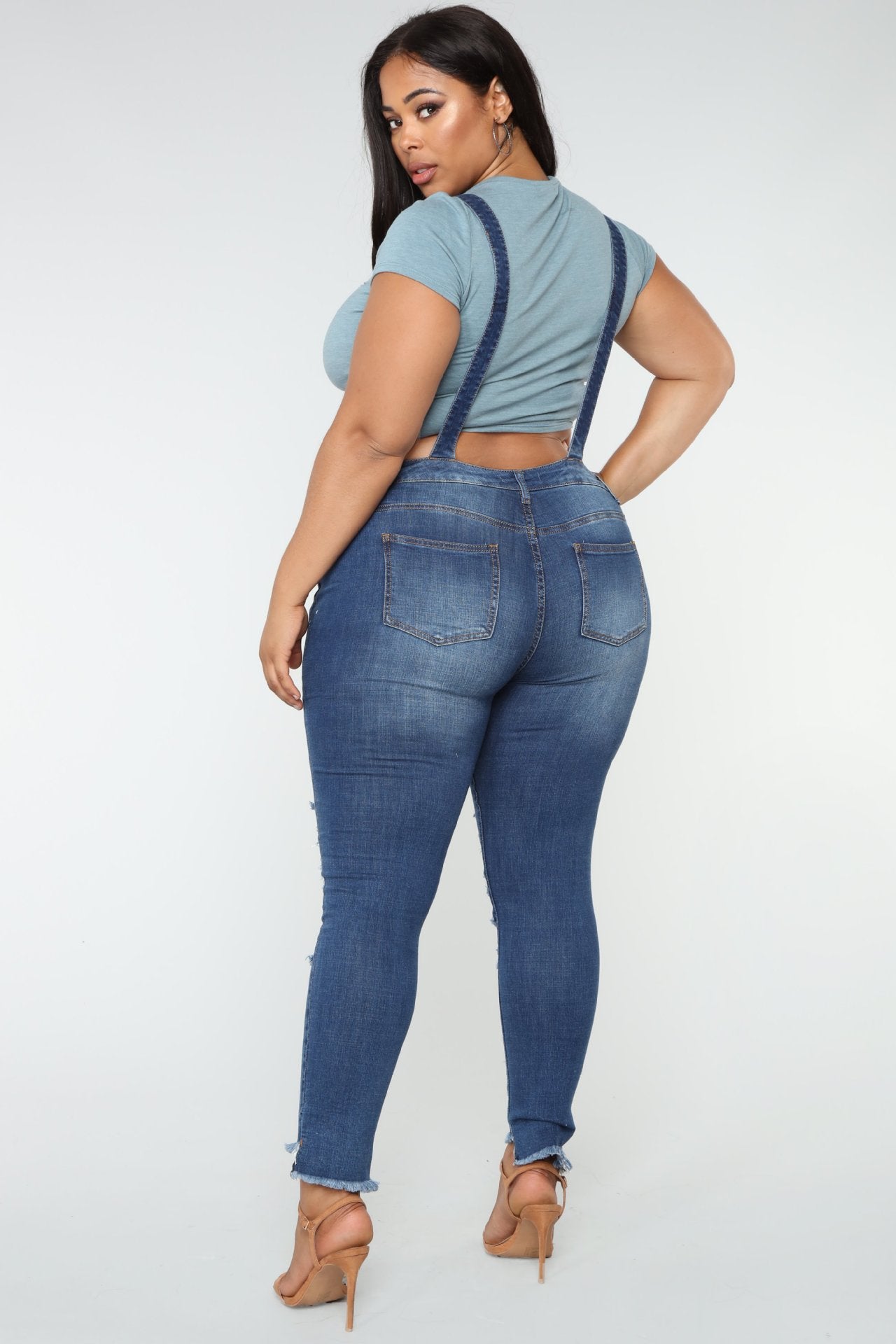 Women's Plus Size High-Waist Ripped Denim Overalls – Elastic Waist Light Blue XL–4XL