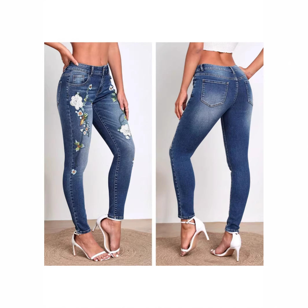 Women's Flower Embroidered Skinny Jeans – High Waist Slim Fit Denim