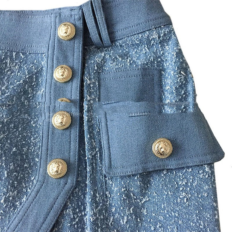 Women's Frosted Wash Metal Buckle Irregular Split Denim Skirt