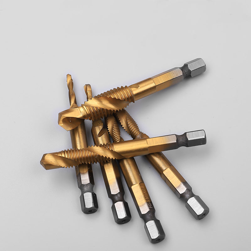 6-Piece Metric Composite Tap Set – 1/4" Hex Shank, High-Speed Steel (Natural, Titanium & Blue Plated)