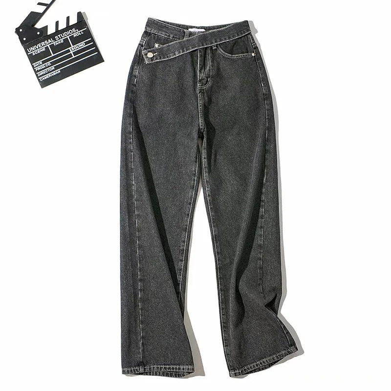 Women's High-Waist Asymmetric Waistband Denim Jeans
