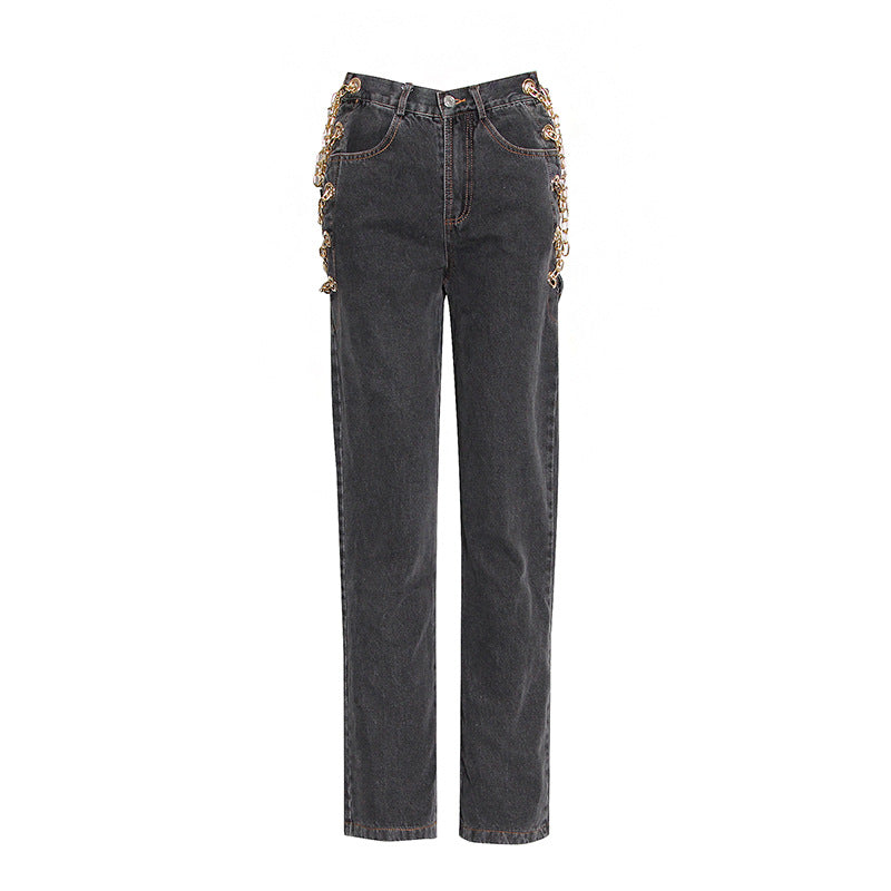 Women's High-Rise Chain Detail Straight-Leg Jeans