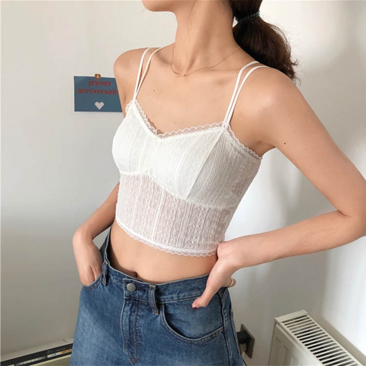 Women's Wire-Free Lace Bralette with Chiffon Straps | One Size