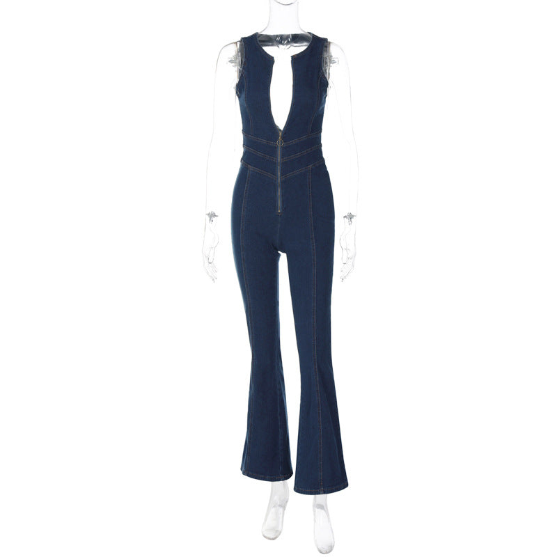 Women's High-Waist Slim Fit Retro Denim Jumpsuit – Classic Blue