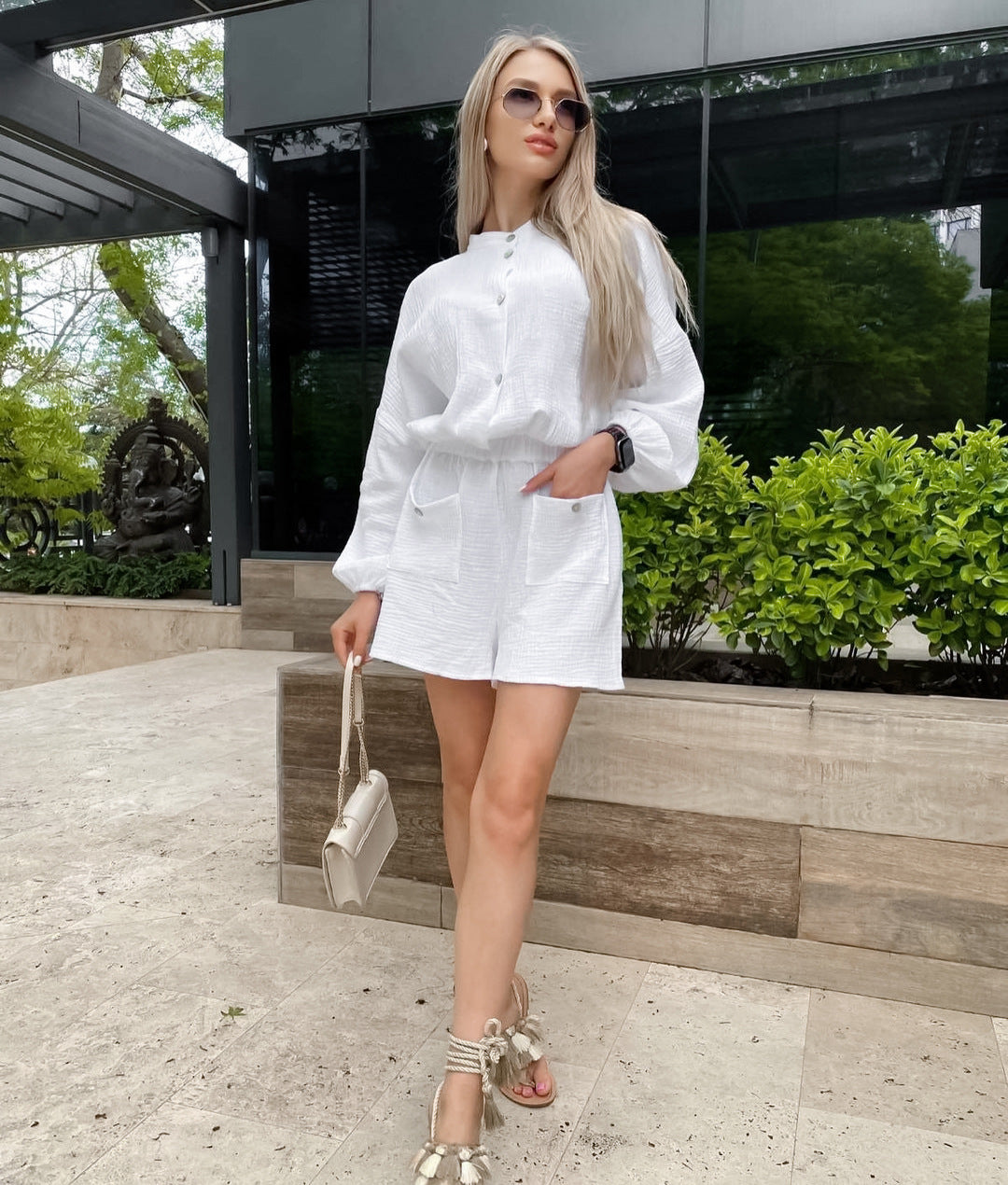 Women's Long Sleeve High Waist Cotton Jumpsuit – Solid Color S–L