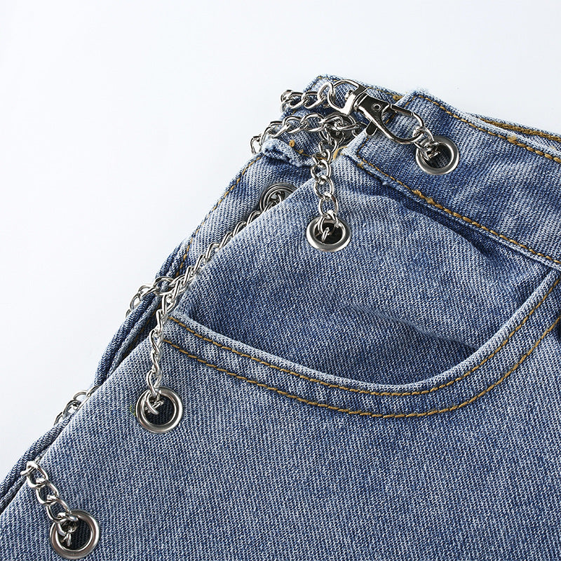 Women's High-Waist Washed Jeans – Light Blue Streetwear Denim with Chain Detail S-L
