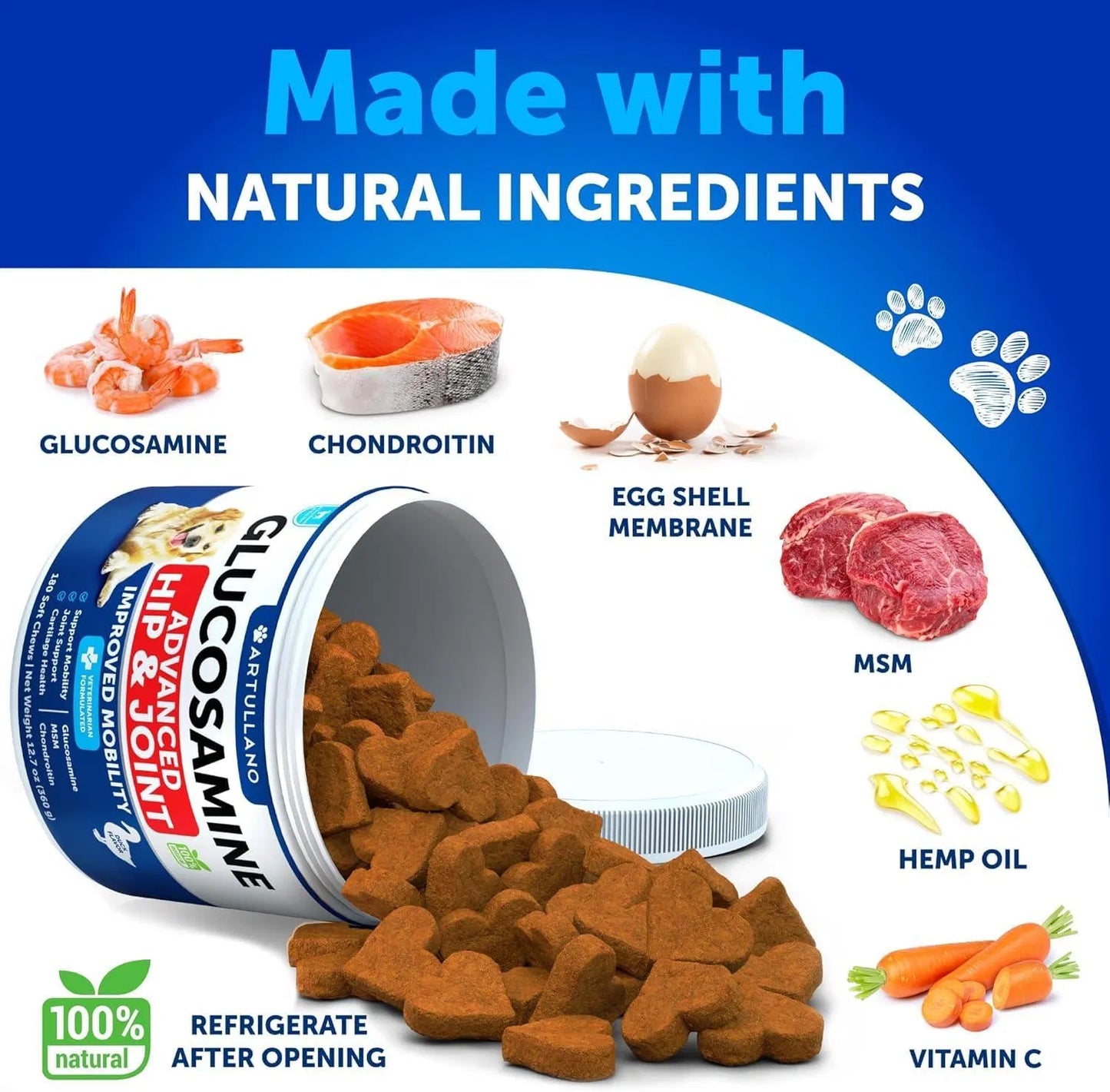 Dog Hip & Joint Supplement – Glucosamine Chews with Chondroitin, Hemp Oil & MSM – 120 Soft Treats