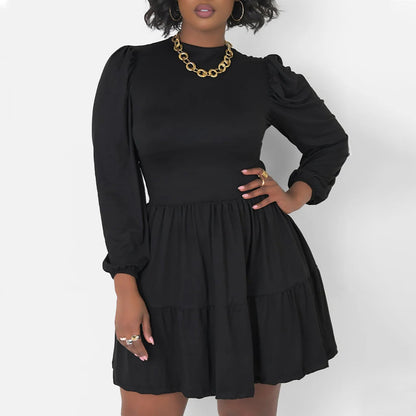 Women's Plus Size Elegant Patchwork Long Sleeve Dress – Princess Style Short Dress