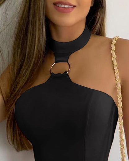 Women's Stand Collar Halter Sleeveless Top – Street Style Black & Pink S–XL