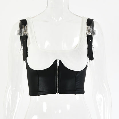 Women's PU Leather Open-Back Crop Cami Top
