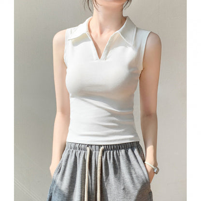Women's Sleeveless Lapel Slim Fit Cotton Blouse