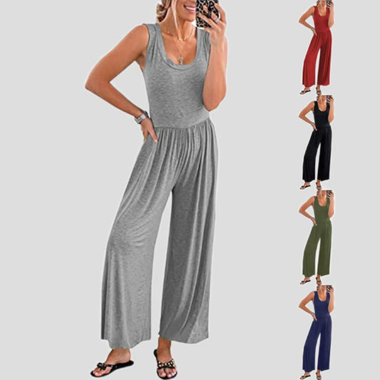Women's Loose-Fit Sleeveless Stretch Jumpsuit – Minimalist Casual Style Gray Green Navy S–3XL
