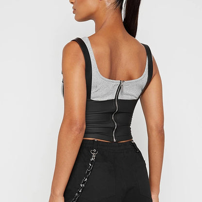 Women's PU Leather Open-Back Crop Cami Top