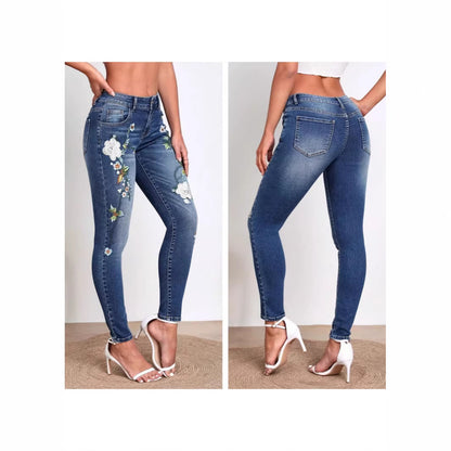 Women's Flower Embroidered Skinny Jeans – High Waist Slim Fit Denim
