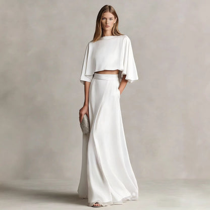 Women's Satin Patchwork Two-Piece Set – Three-Quarter Sleeve Top & Skirt