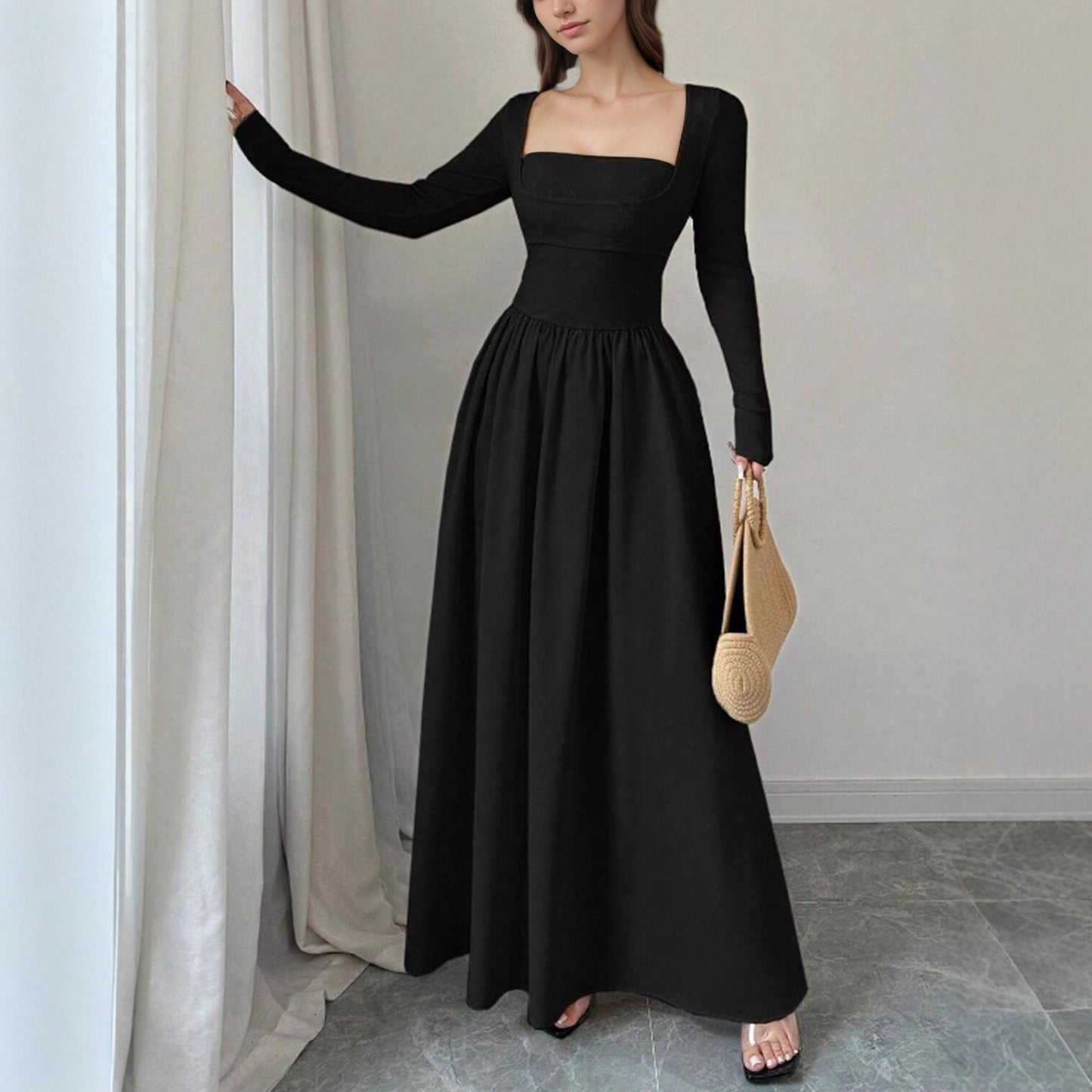 Women's Mock Two-Piece Square Neck Long Sleeve Dress – Jacquard Patchwork Maxi