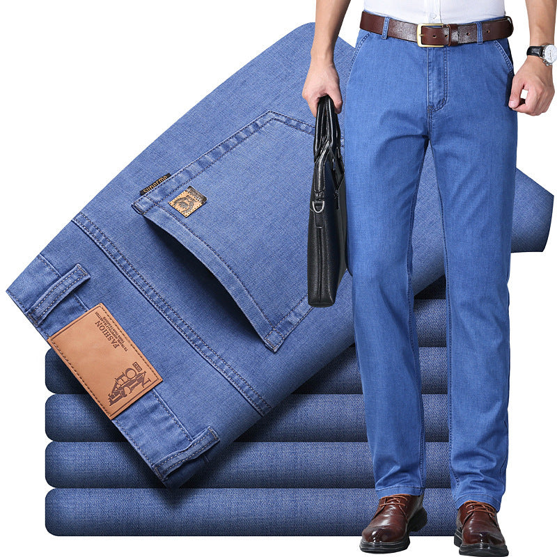 Men's Ice Silk Cotton High-Waist Straight Leg Jeans – Breathable Stretch Denim 28–40