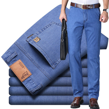 Men's Ice Silk Cotton High-Waist Straight Leg Jeans – Breathable Stretch Denim 28–40