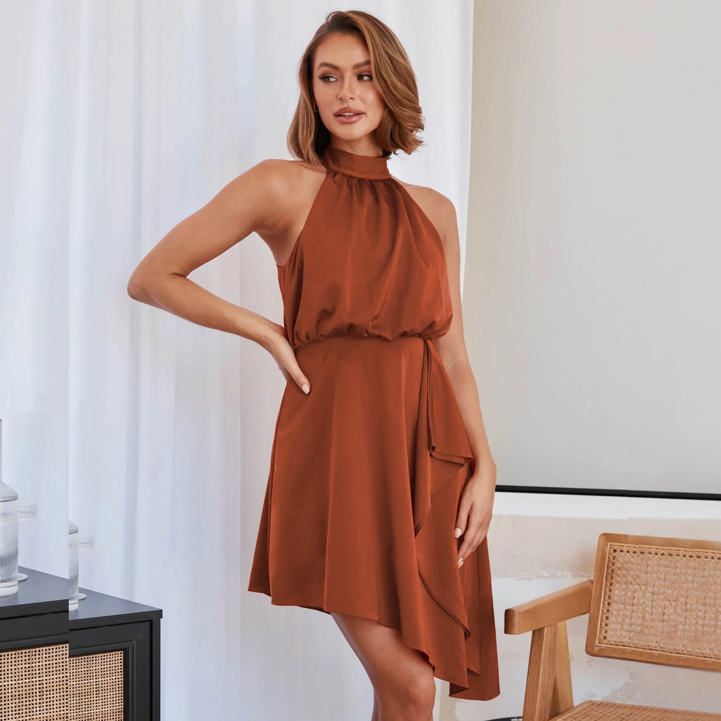 Women's French Satin Halter Neck Dress – High Waist Elegant Slip Dress