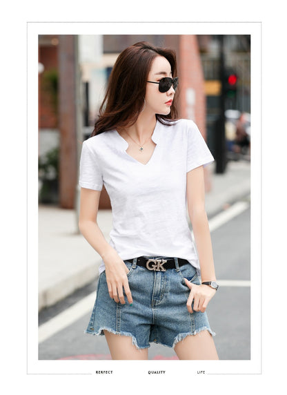 Women's Loose V-Neck Slub Cotton T-Shirt – Casual Summer Tee in 4 Colors (S-3XL)