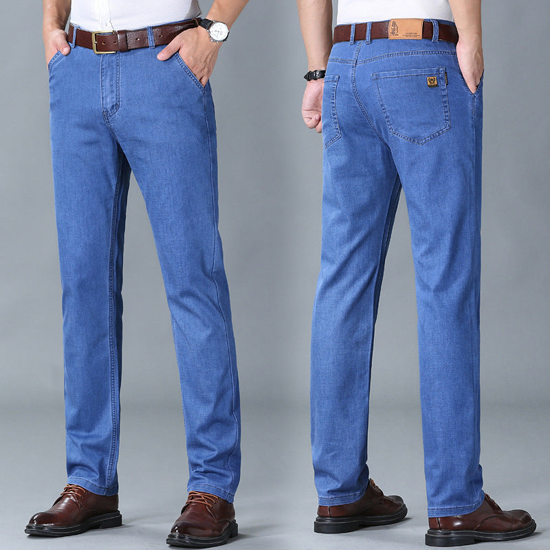Men's Ice Silk Cotton High-Waist Straight Leg Jeans – Breathable Stretch Denim 28–40