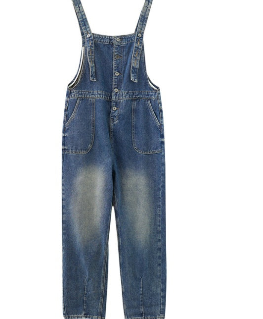 Women's Loose Retro Solid Blue Denim Suspender Overalls – Leisure Style M–2XL