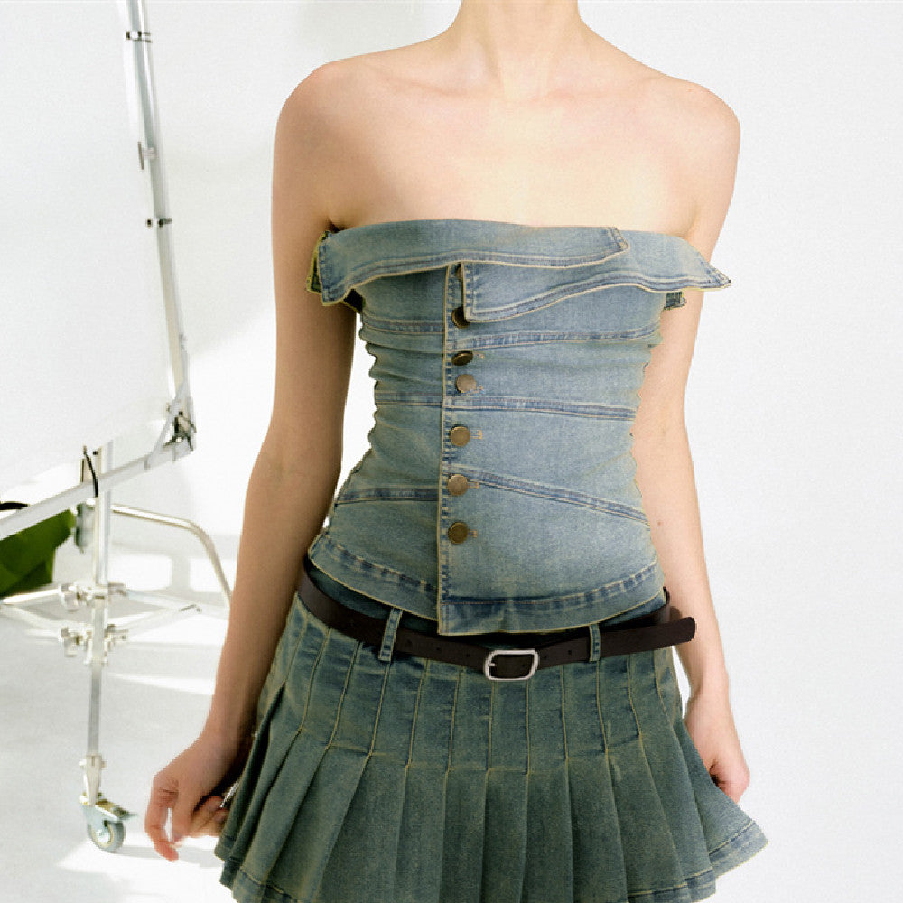 Women's Retro Denim Top & Mini Skirt Two-Piece Set – Art Retro Style S–M