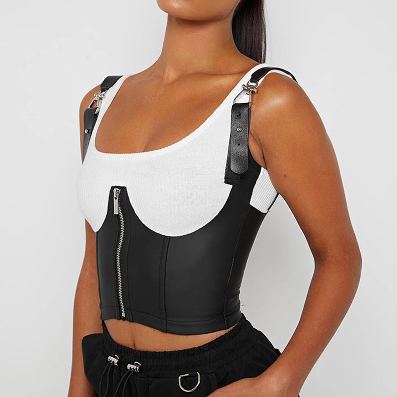 Women's PU Leather Open-Back Crop Cami Top