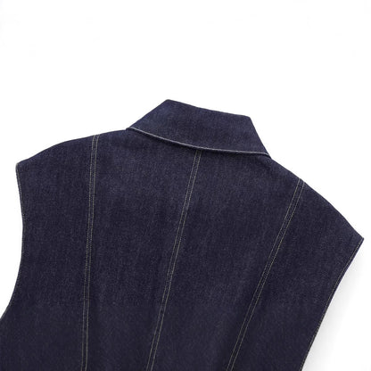Women's Sleeveless Denim Lapel Shirt – String Detail Street Style