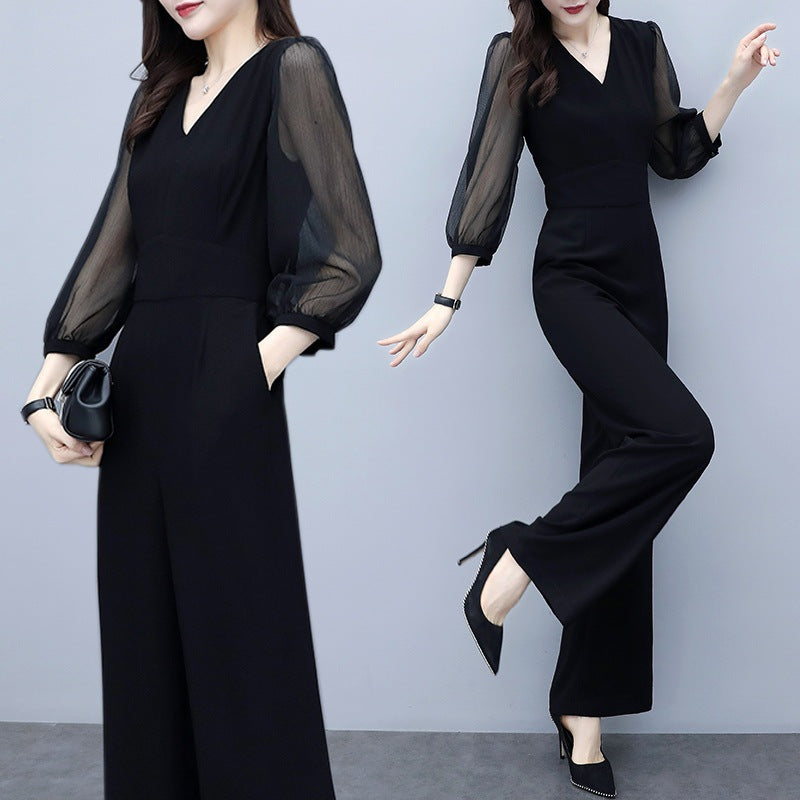 Women's V-Neck High Waist Chiffon Wide Leg Jumpsuit – Black S–3XL