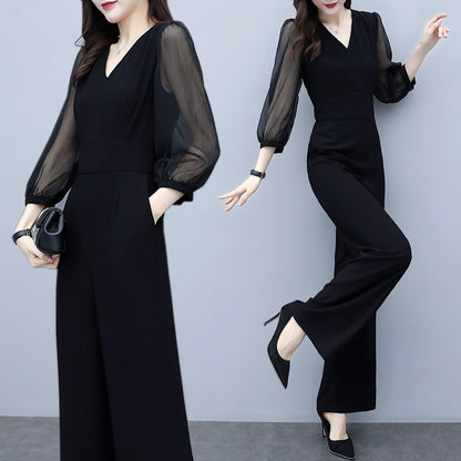 Women's V-Neck High Waist Chiffon Wide Leg Jumpsuit – Black S–3XL
