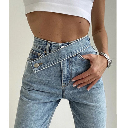 Women's High-Waist Asymmetric Waistband Denim Jeans