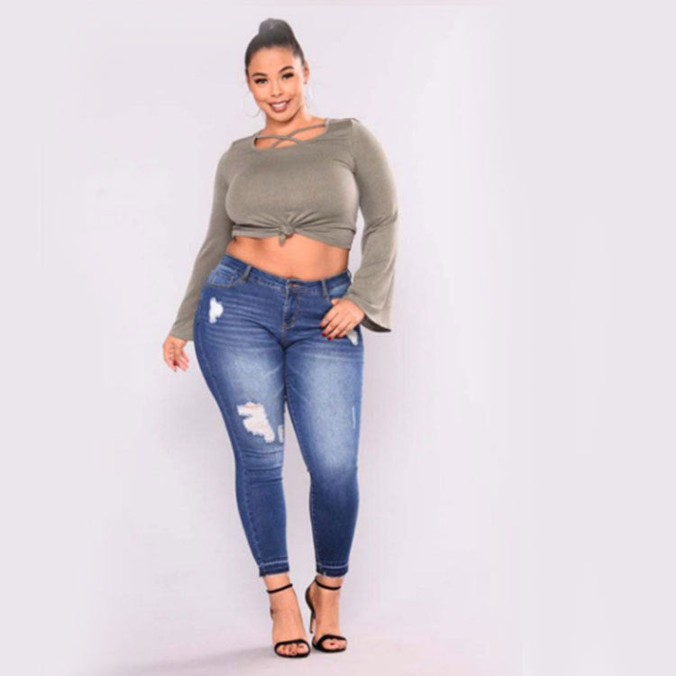 Women's Distressed High-Stretch Denim Skinny Pants – Ripped Pencil Jeans