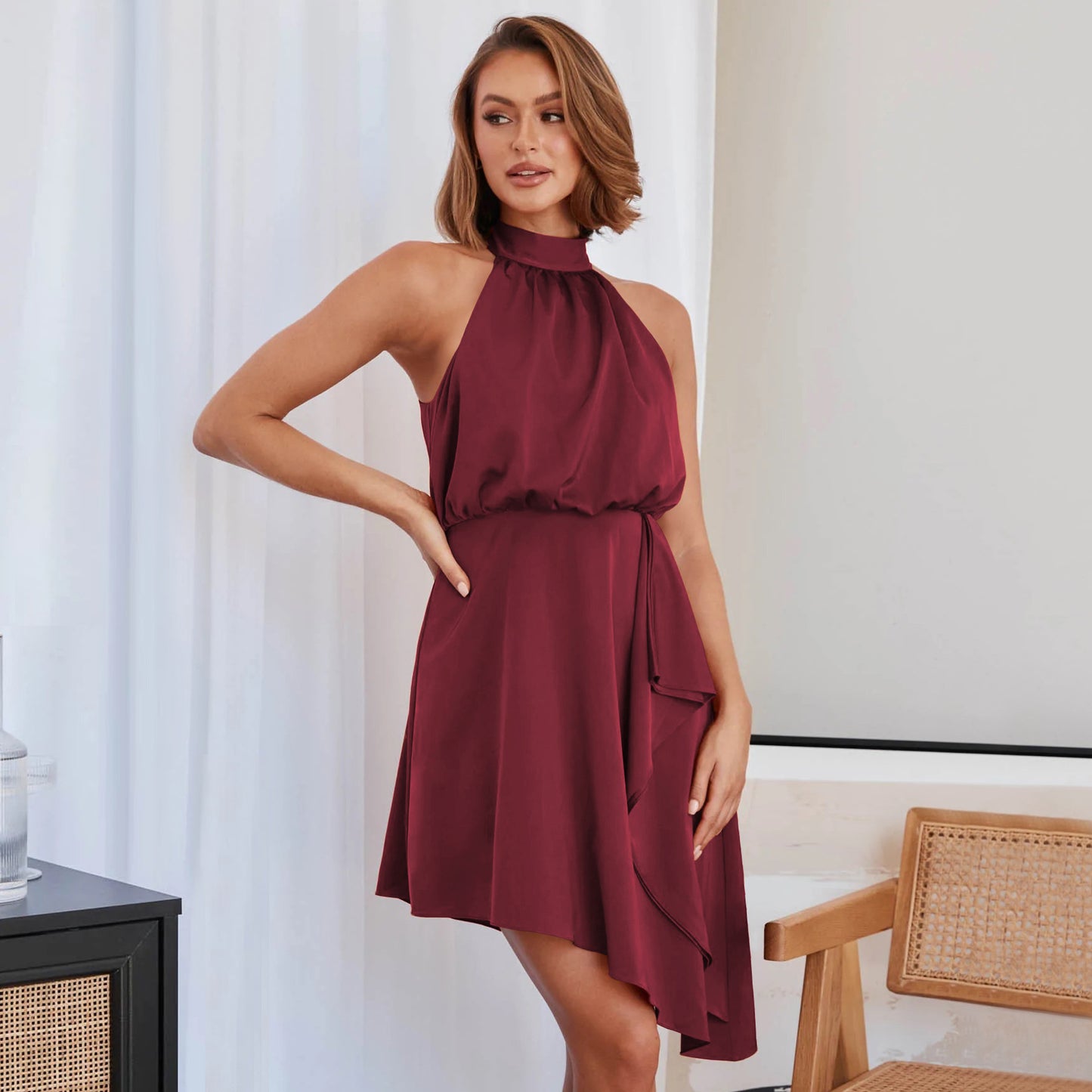 Women's French Satin Halter Neck Dress – High Waist Elegant Slip Dress