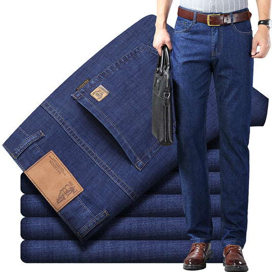 Men's Ice Silk Cotton High-Waist Straight Leg Jeans – Breathable Stretch Denim 28–40