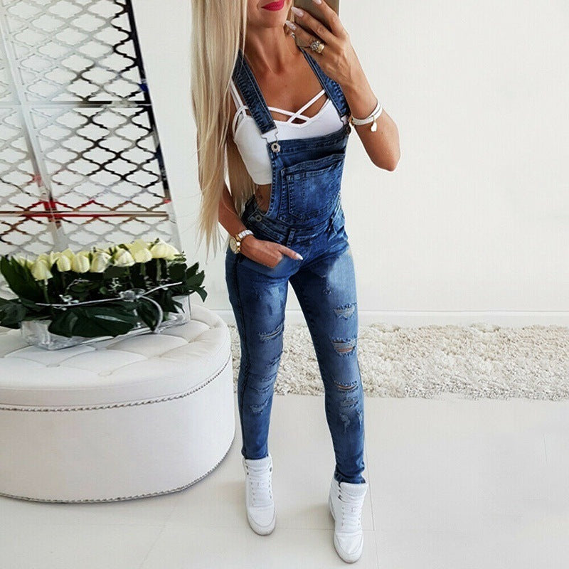 Women's Distressed Denim Overalls – Mid-Waist Slim Fit Full Length
