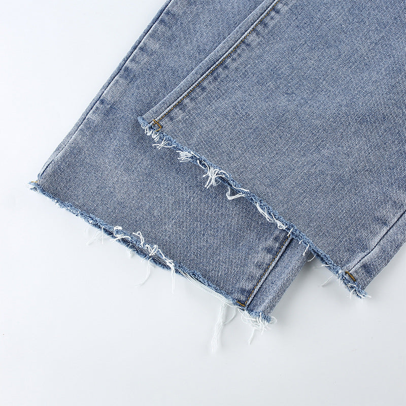 Women's High-Waist Washed Jeans – Light Blue Streetwear Denim with Chain Detail S-L