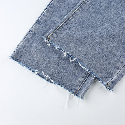 Women's High-Waist Washed Jeans – Light Blue Streetwear Denim with Chain Detail S-L