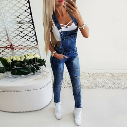 Women's Distressed Denim Overalls – Mid-Waist Slim Fit Full Length