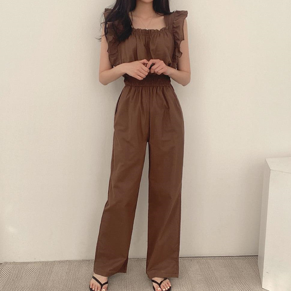 Women's French Retro Square Collar Ruffle Sleeve High Waist Wide Leg Jumpsuit – Black Brown Beige S–XL