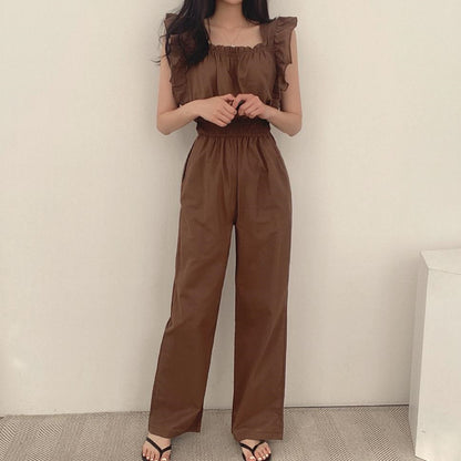 Women's French Retro Square Collar Ruffle Sleeve High Waist Wide Leg Jumpsuit – Black Brown Beige S–XL