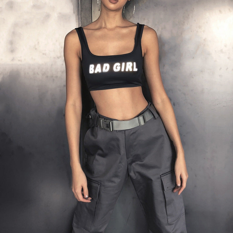 Women's Reflective Letter Crop Sports Vest – Slim Fit