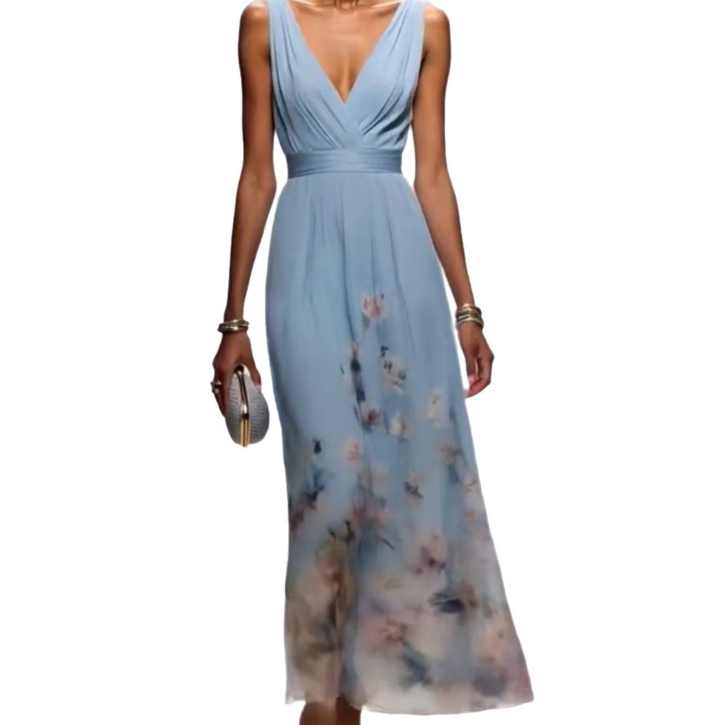 Women's Elegant V-Neck Sleeveless Maxi Evening Gown – High Waist Long Dress