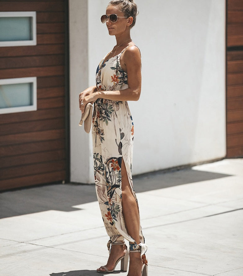 Women's Printed Backless V-Neck Sling Jumpsuit with Pockets – Street Style S–3XL