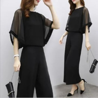 Women's Cropped Top & High-Waist Wide-Leg Pants Two-Piece Set – 3/4 Sleeve Polyester