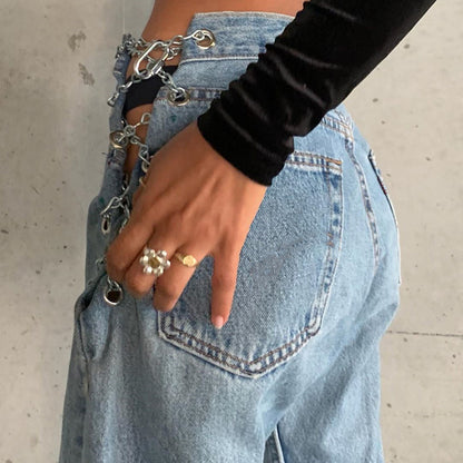 Women's High-Waist Washed Jeans – Light Blue Streetwear Denim with Chain Detail S-L