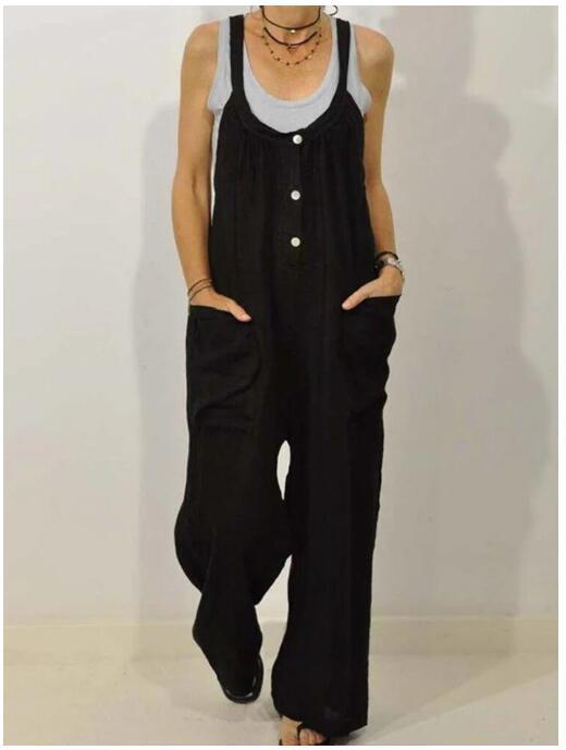 Women's Cotton Romper with Pockets – Elastic Waist Button Detail S–5XL