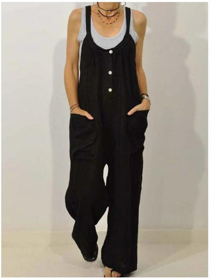 Women's Cotton Romper with Pockets – Elastic Waist Button Detail S–5XL