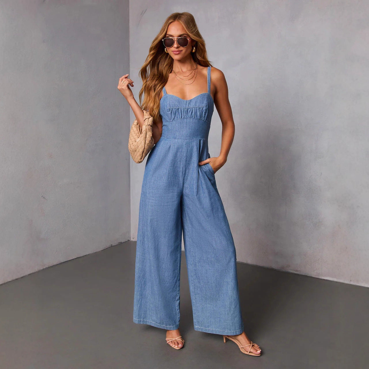 Women's High Waist Workwear Jumpsuit with Pockets – Solid Blue S–XL