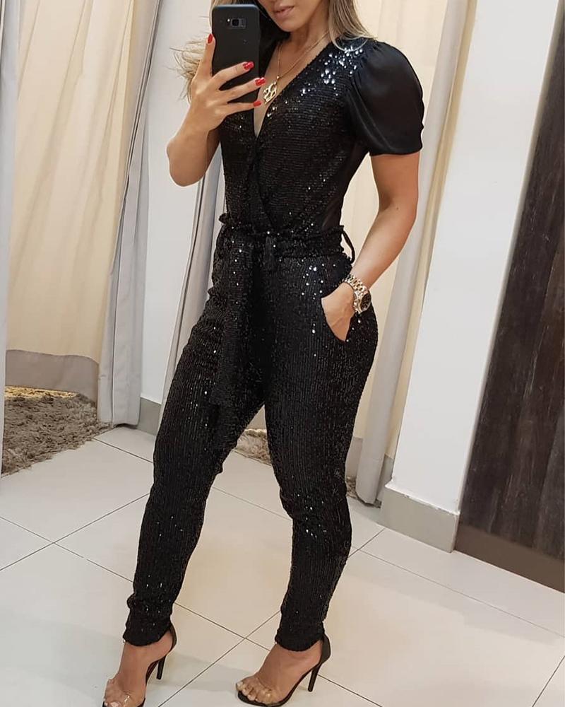Women's Deep V Sequined Jumpsuit – Full Length Glam Black